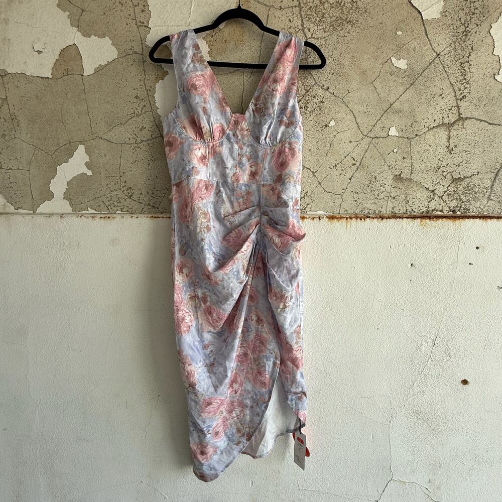Romantic Floral Ruched Midi Dress‎ Sleeveless Watercolor Knotted Strap Size M